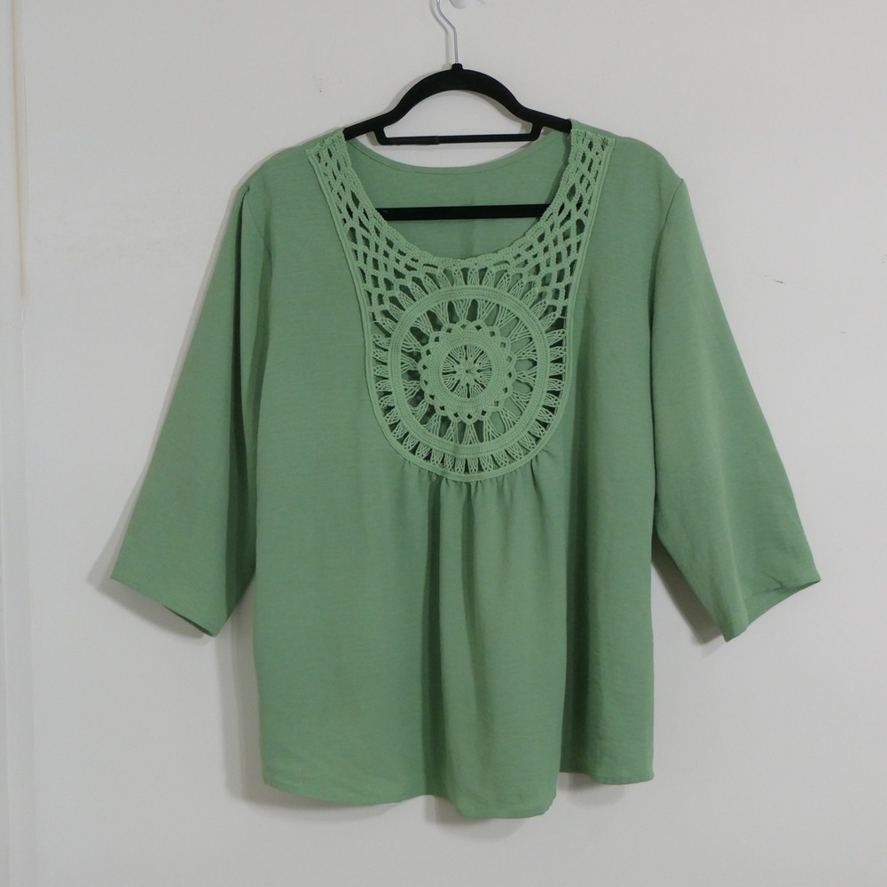 Womens Blouse XXL Green Crochet Lace Medallion Boho Cottagecore Feminine Flowy